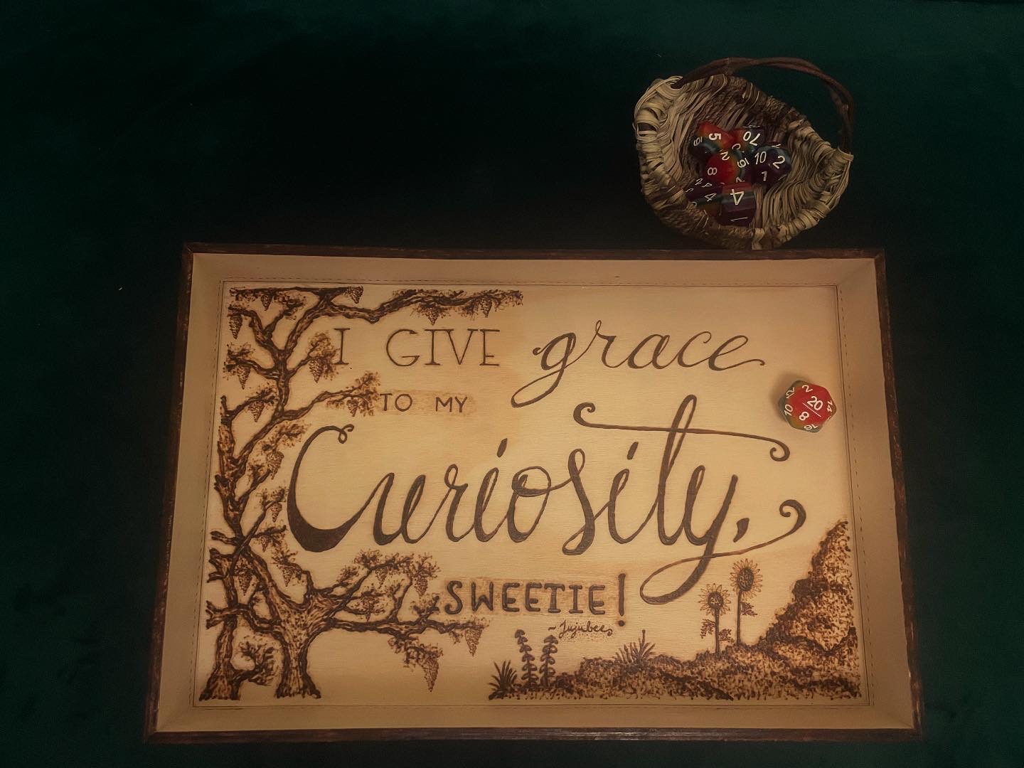 Custom wood-burned dice tray, drawn and burned freehand