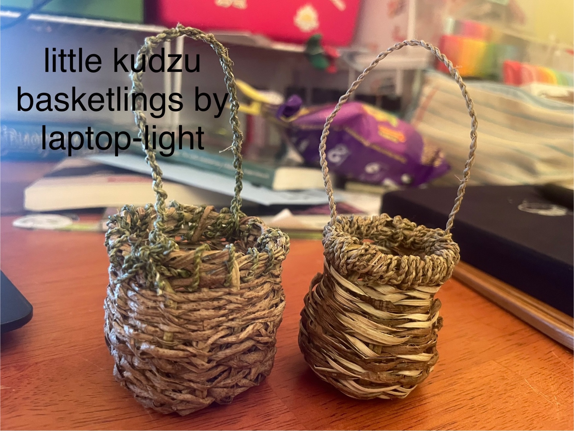 Two tiny kudzu baskets with twisted cordage handles